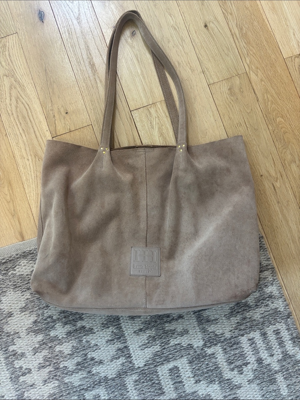 Haute Hippie Suede Tote Bag with Wrist Pouch - Taupe